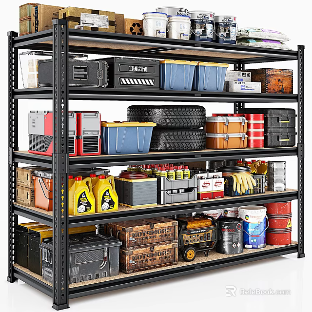 Metal Storage Shelf With Black Boxes Blue Bins Tires Yellow Oil Cans And Toolboxes 3d model 