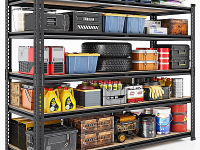 Metal Storage Shelf With Black Boxes Blue Bins Tires Yellow Oil Cans And Toolboxes 3d model