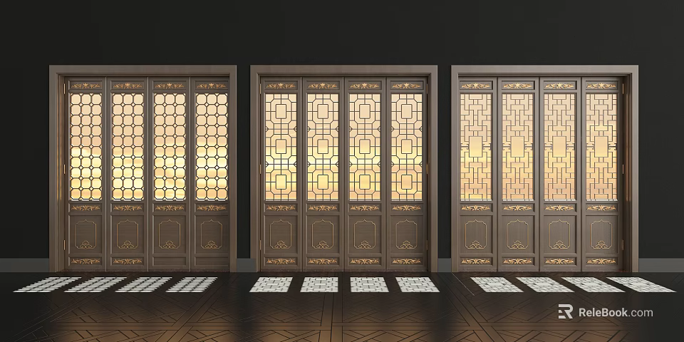 Carved Windows on Wooden Doors with Geometric Patterns Letting Warm Light Through Patterned Dark Floor 3d model