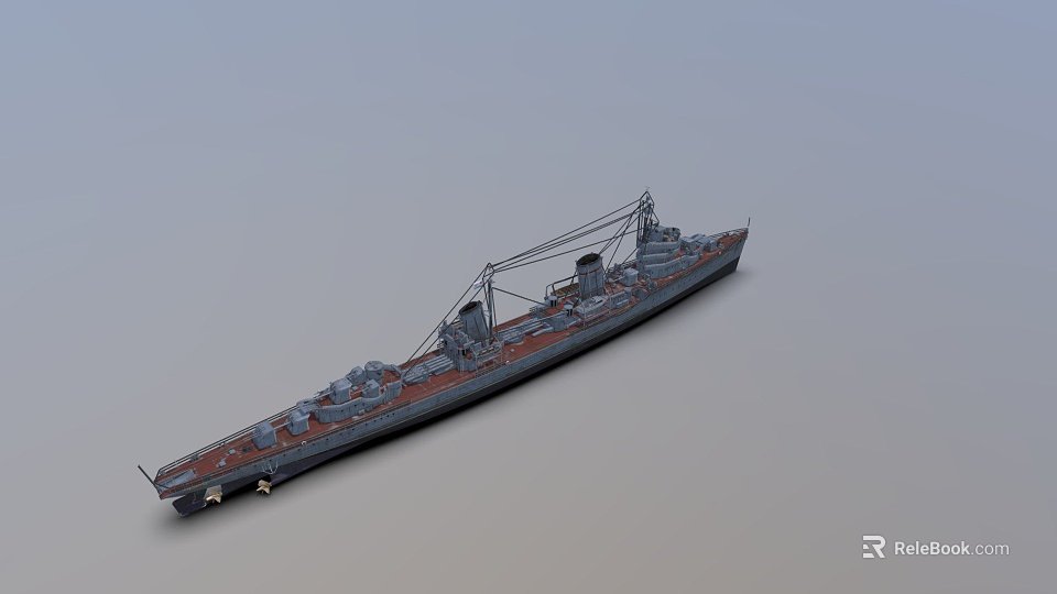 Detailed Military Warship Model With Gray Hull Brown Deck And Masts In Side View 3d model 
