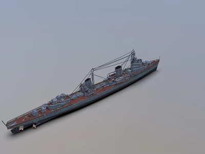 Detailed Military Warship Model With Gray Hull Brown Deck And Masts In Side View 3d model