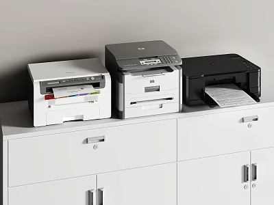 Three Different Colored Printers Placed On White Cabinet With Paper Output 3d model