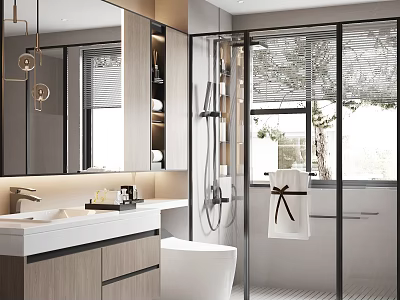 Modern Bathroom Interior Design With Large Mirror Vanity Glass Shower And Window Blinds 3d model