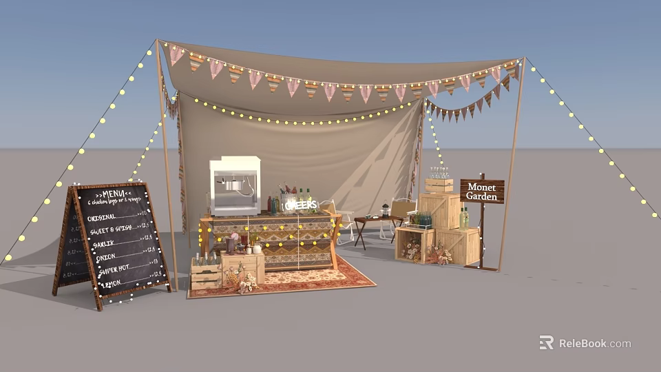 Outdoor Market Tent With Banners String Lights Chalkboard Menu And Wooden Crates 3d model 