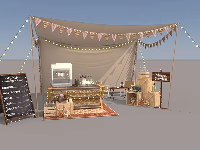 Outdoor Market Tent With Banners String Lights Chalkboard Menu And Wooden Crates 3d model