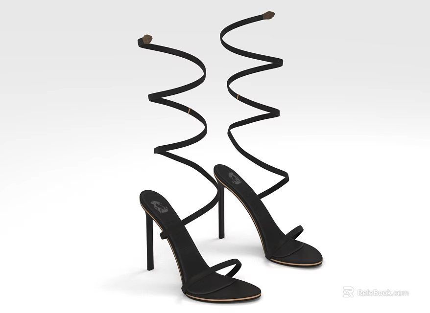 Black Stylish High Heels With Spiral Laces And Thin Heel Design 3d model 