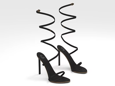 Black Stylish High Heels With Spiral Laces And Thin Heel Design 3d model