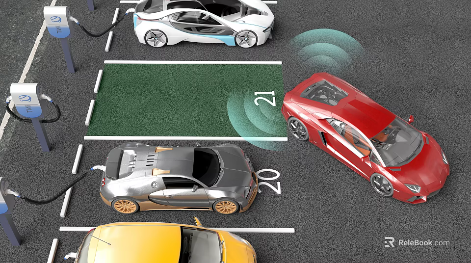 Modern Luxury Sports Cars Parked in Wireless Charging Parking Spots with Different Colors and Styles 3d model 