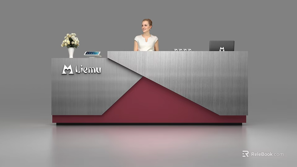 Modern Liemu Reception Desk Featuring Silver Maroon Design With Receptionist Flower Vase And Telephone 3d model 