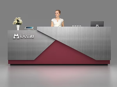 Modern Liemu Reception Desk Featuring Silver Maroon Design With Receptionist Flower Vase And Telephone 3d model