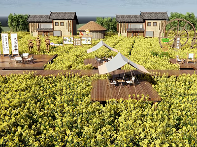Rural Scenery Featuring Yellow Flower Fields Traditional Houses Windmill Wooden Platforms Sunshades And Chairs 3d model