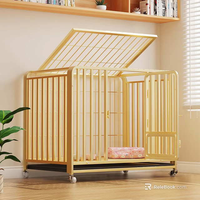 Golden Pet Cage With Open Top Wheels And Pink Patterned Mat For Indoor Use 3d model 