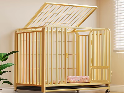 Golden Pet Cage With Open Top Wheels And Pink Patterned Mat For Indoor Use 3d model
