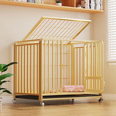 Golden Pet Cage With Open Top Wheels And Pink Patterned Mat For Indoor Use 3d model