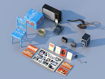 Vintage Assorted Items Collection With Blue Chair Retro Camera Old Records And 3d model