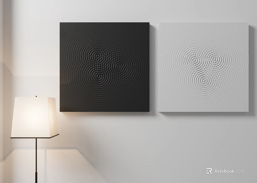 Abstract Paintings with Black and White Square Spiral Patterns Hung on Wall 3d model