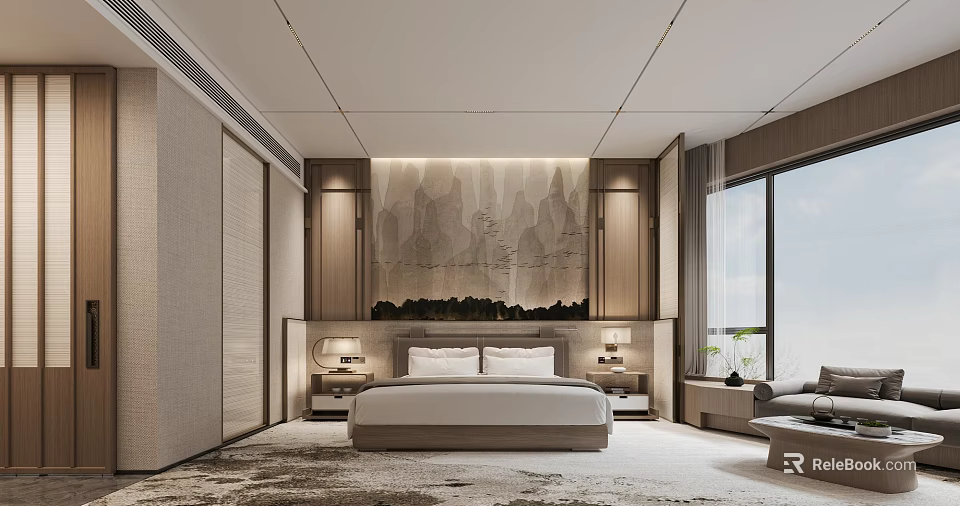 Modern Minimalist Hotel Guest Room With Mountain Painting Backdrop And Wooden Decor 3d model 