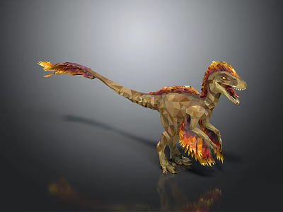 Low Poly Dinosaur With Brown Body And Orange Red Flame Feathers In Standing Pose 3d model