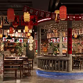 Chinese Style Hot Pot Restaurant With Red Lanterns Wooden Tables And Brick Walls