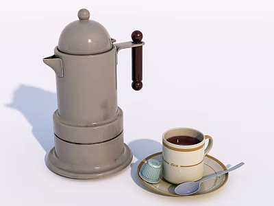 Gray Ceramic Coffee Pot With White Cup Sugar Packet And Spoon On Saucer 3d model