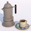 Gray Ceramic Coffee Pot With White Cup Sugar Packet And Spoon On Saucer