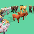 Group of Colorful Goats with Various Sizes and Brown Gray White Fur on Green Background