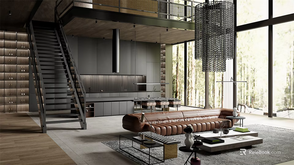 Modern Loft Living Room Design With Leather Sofa Chandelier And Staircase 3d model 