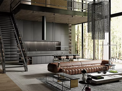Modern Loft Living Room Design With Leather Sofa Chandelier And Staircase 3d model