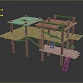 Multi Level Wooden Scaffolding Structure With Planks Support Posts And Ladder