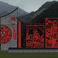 Red Carved Sculptures With Paper Cut Design Chinese Characters And Mountain Background