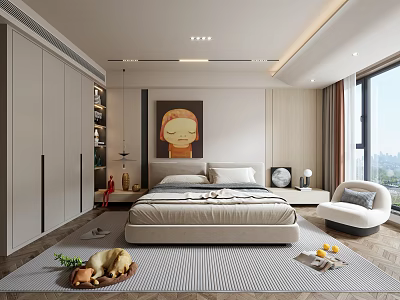 Modern Bedroom Interior Design With Large Bed Built in Wardrobes Painting Rug And Chair 3d model