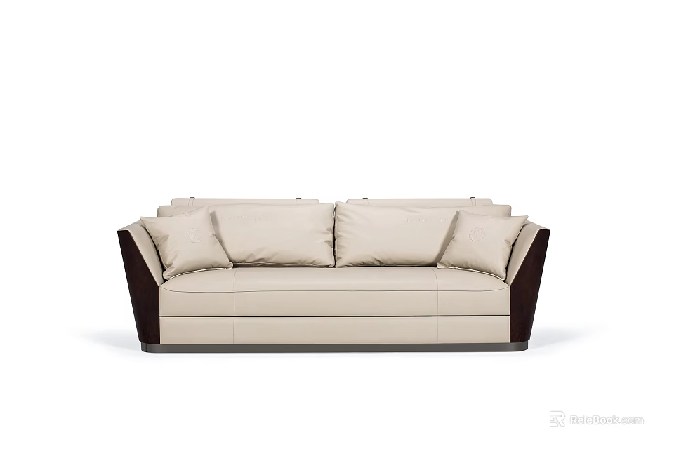 Modern Beige Sectional Sofa With Dark Brown Armrests And Soft Cushions 3d model