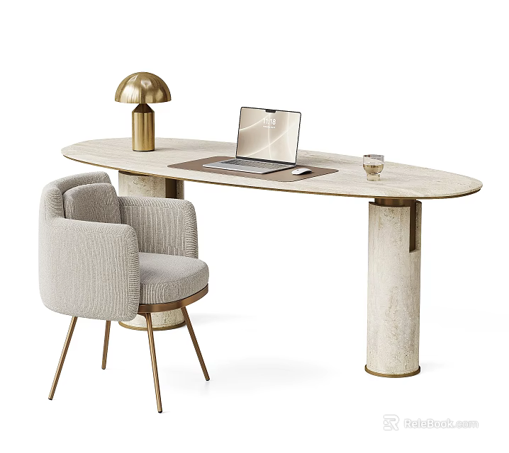 Modern Light Luxury Stone Desk And Upholstered Fabric Chair Set For Elegant Home Office Workspace 3d model 