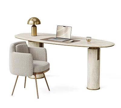 Modern Light Luxury Stone Desk And Upholstered Fabric Chair Set For Elegant Home Office Workspace 3d model