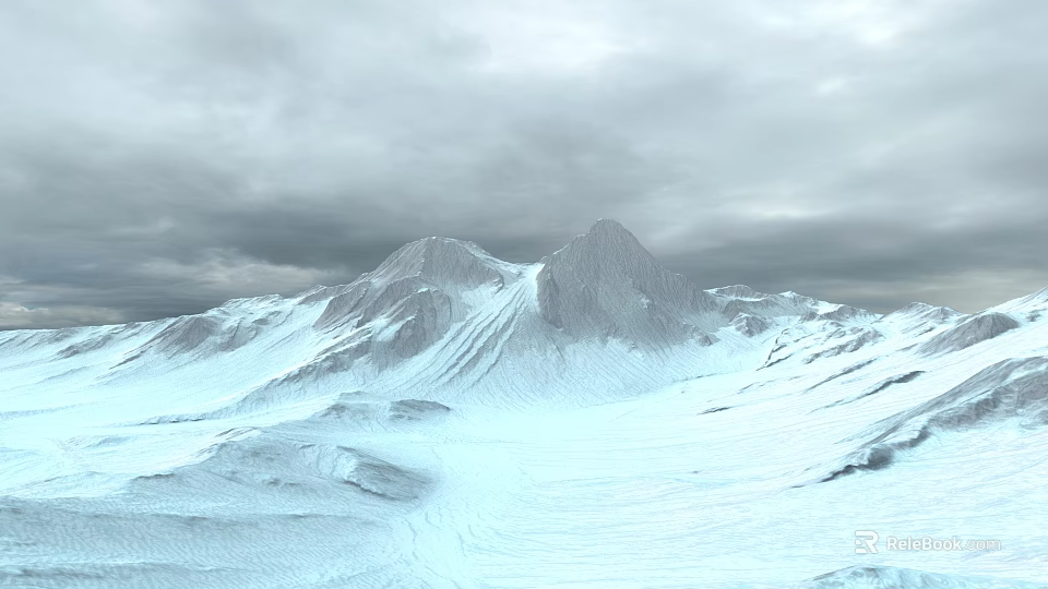 Snow Covered Mountain Landscape With Peaks And Cloudy Sky Above 3d model 