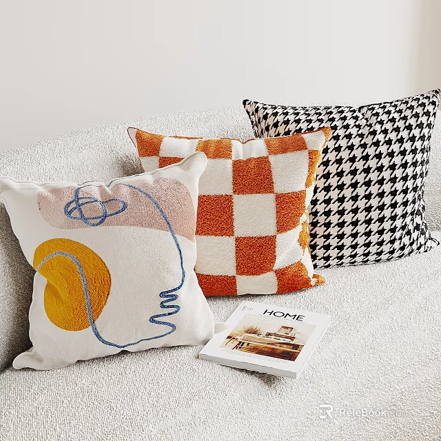 Stylish Throw Pillows With Abstract Lines Orange Checkerboard And Houndstooth Patterns On Sofa 3d model 