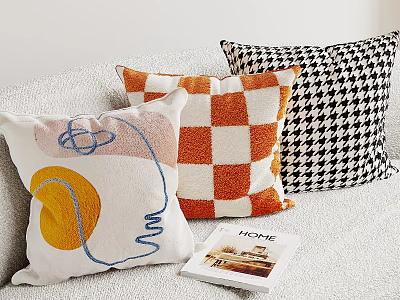 Stylish Throw Pillows With Abstract Lines Orange Checkerboard And Houndstooth Patterns On Sofa 3d model