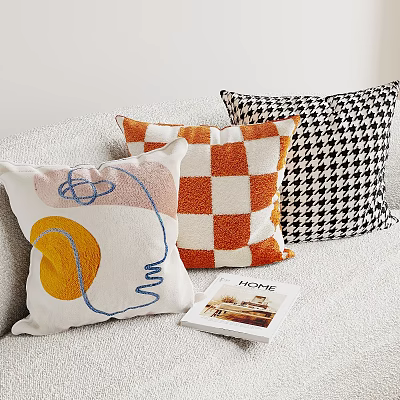 Stylish Throw Pillows With Abstract Lines Orange Checkerboard And Houndstooth Patterns On Sofa 3d model
