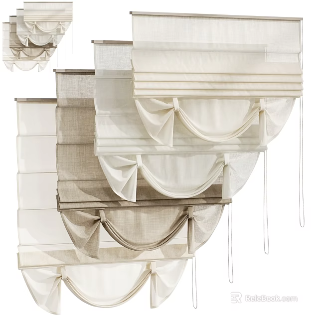 Various Styles Of Layered Curtains With Neutral Tones And Pleated Designs 3d model 