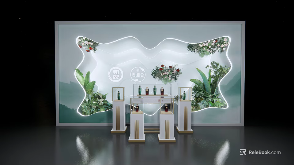 Elegant Display Scene With Green Plants Wine Bottles And Illuminated Mountain Background 3d model 