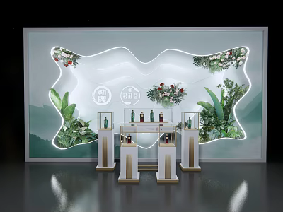 Elegant Display Scene With Green Plants Wine Bottles And Illuminated Mountain Background 3d model