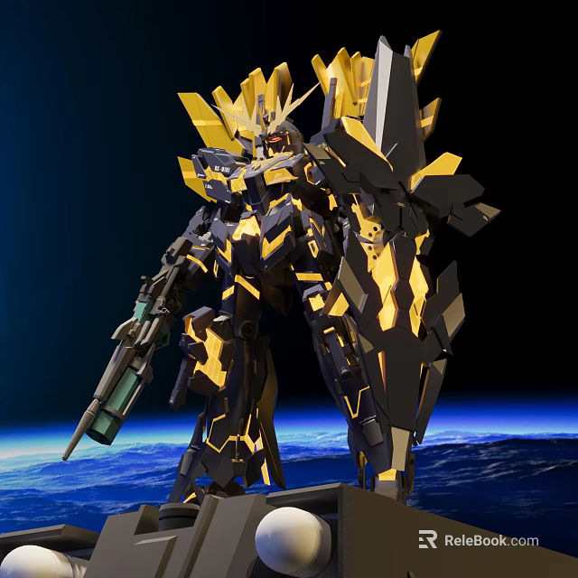 Black And Gold Mecha Model Standing With Weapon Against Earth And Space Background 3d model 
