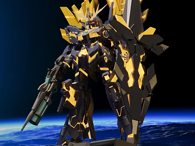 Black And Gold Mecha Model Standing With Weapon Against Earth And Space Background 3d model