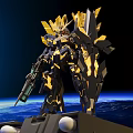 Black And Gold Mecha Model Standing With Weapon Against Earth And Space Background