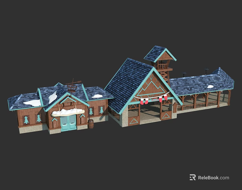 Traditional Wooden House With Blue Sloped Roof Connected Sections Porch And Tower Design 3d model 