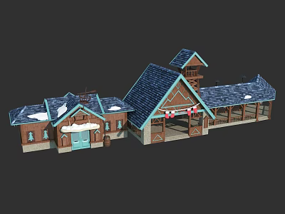 Traditional Wooden House With Blue Sloped Roof Connected Sections Porch And Tower Design 3d model
