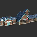 Traditional Wooden House With Blue Sloped Roof Connected Sections Porch And Tower Design
