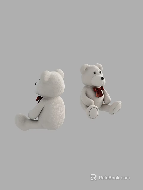 White Teddy Bears With Red Bow Ties Two Sitting Stuffed Toys Back And Front View 3d model 