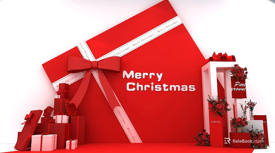 Christmas Decorative Setup Featuring Red Gift Box White Ribbon Bow Merry Christmas And Small Gifts 3d model 
