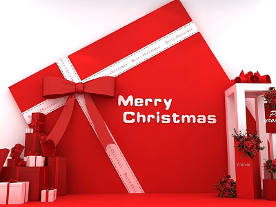 Christmas Decorative Setup Featuring Red Gift Box White Ribbon Bow Merry Christmas And Small Gifts 3d model
